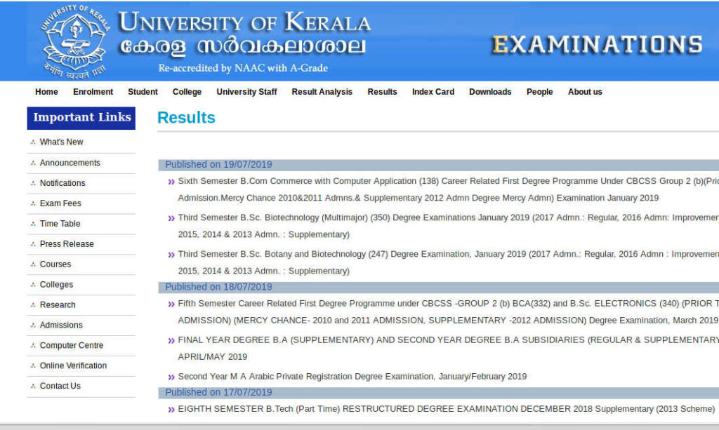 Kerala University BA/BCom/BSc/BCA/BBA/BPT Exam Result