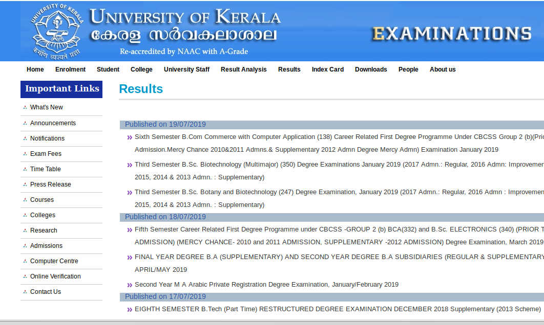 Kerala University BA/BCom/BSc/BCA/BBA/BPT Exam Result