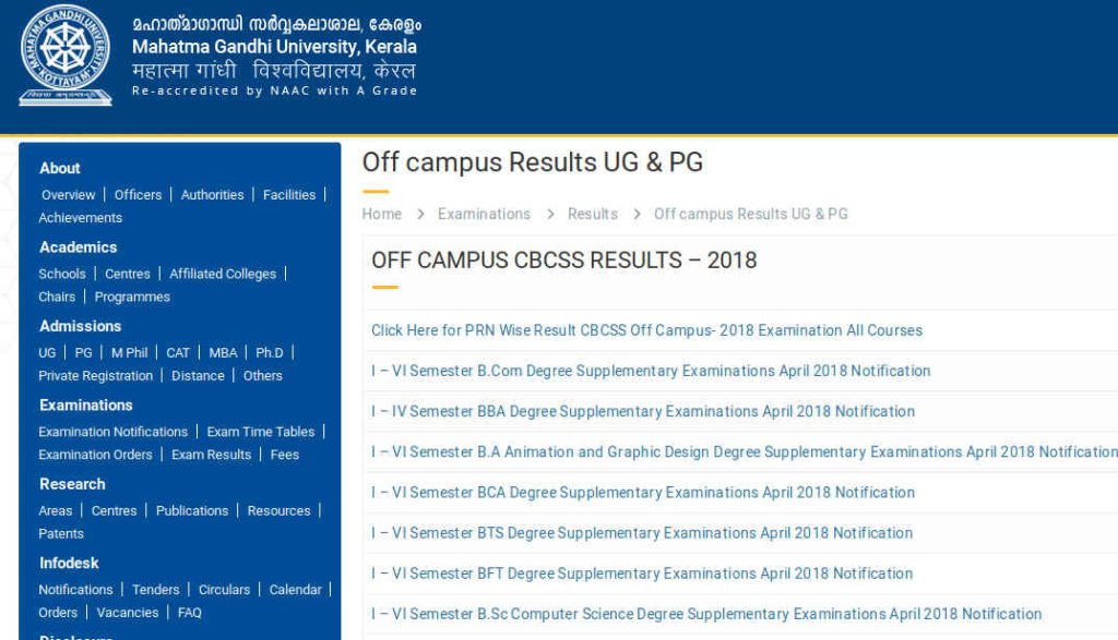 MG University Off Campus BA/BCom/Bsc/MA/Msc/Mcom Result - CBCSS