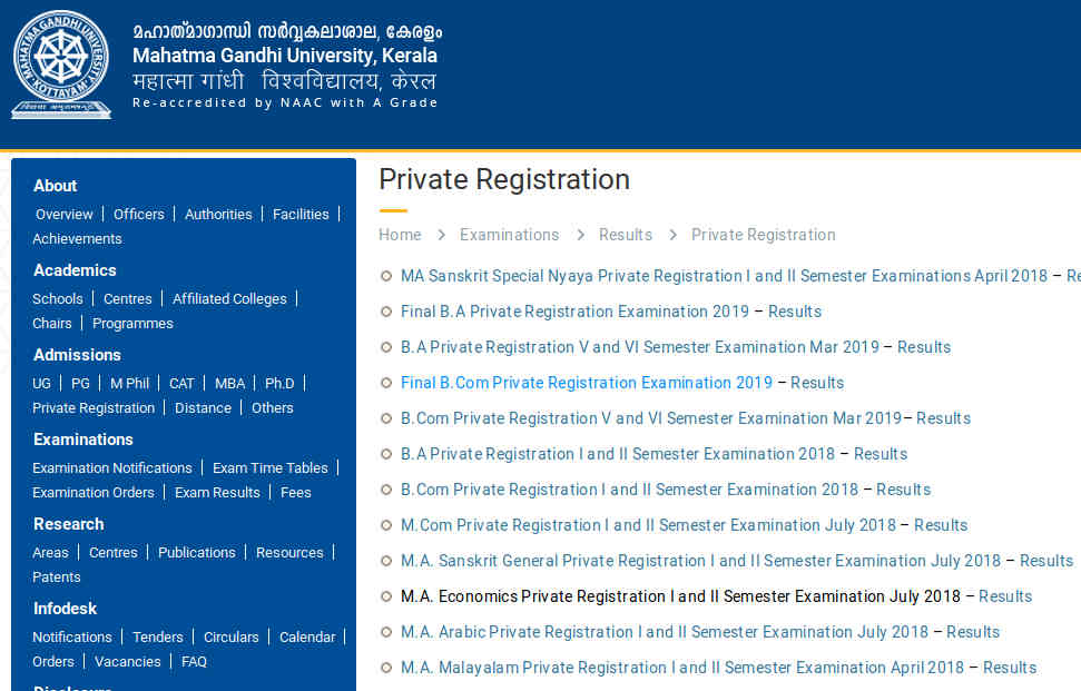 MG University BA/Bcom/Bsc Private Registration Exam Result