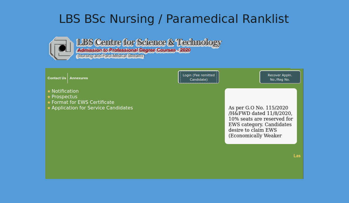 LBS BSc Nursing / Paramedical Ranklist 2020 - www.lbscentre.in