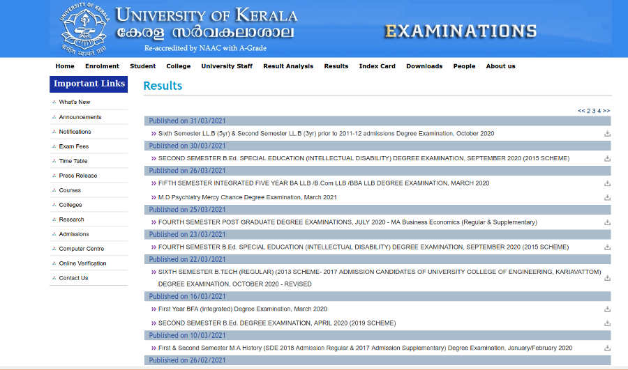 Kerala University MA/MCom/MSc/BEd Result - Check Exam Result