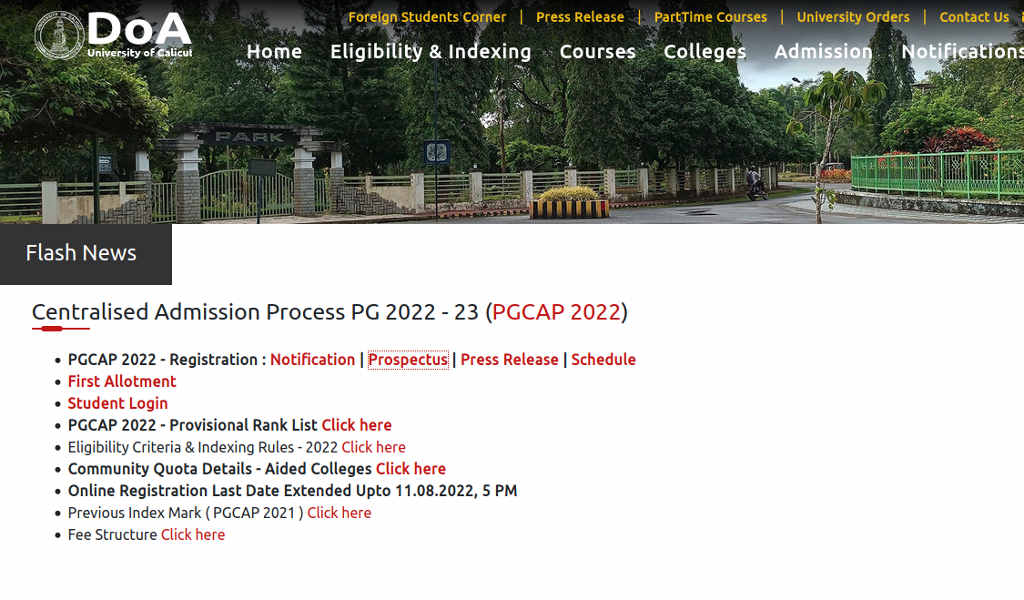 Calicut University PG Allotment - PGCAP 2022
